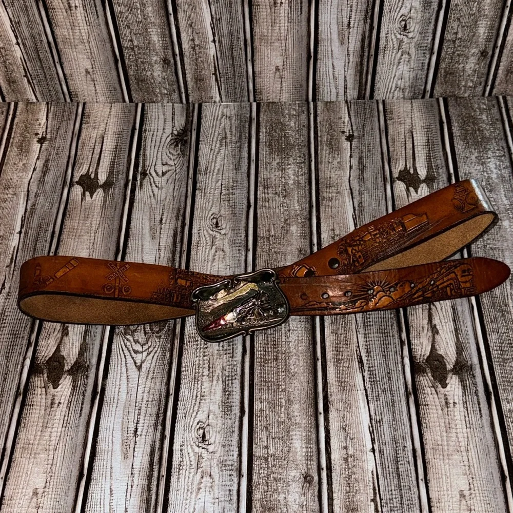 Bergamot Locomotive Vtg Brass Buckle Railfan Leather Tooled Belt 38-42 Unisex